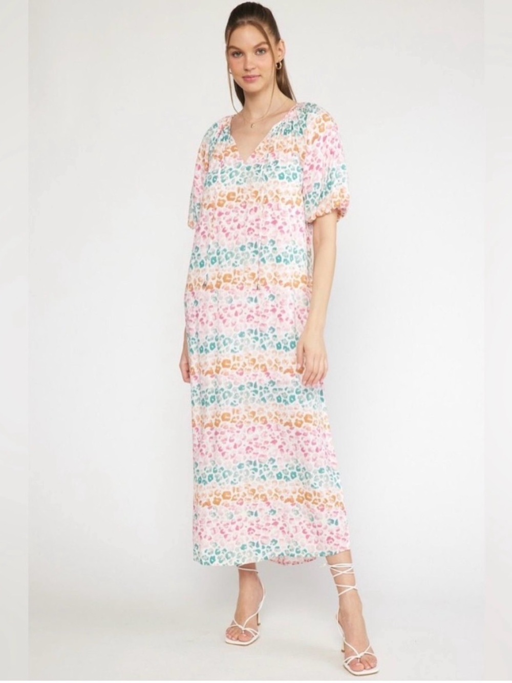 Entro Small Colorblock Animal Print Maxi Puff Sleeve Dress